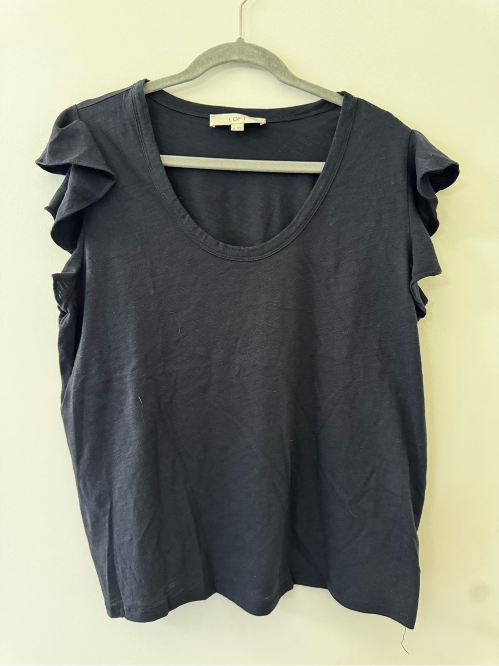 LOFT Women's Navy Blue Ruffle Sleeve Tee